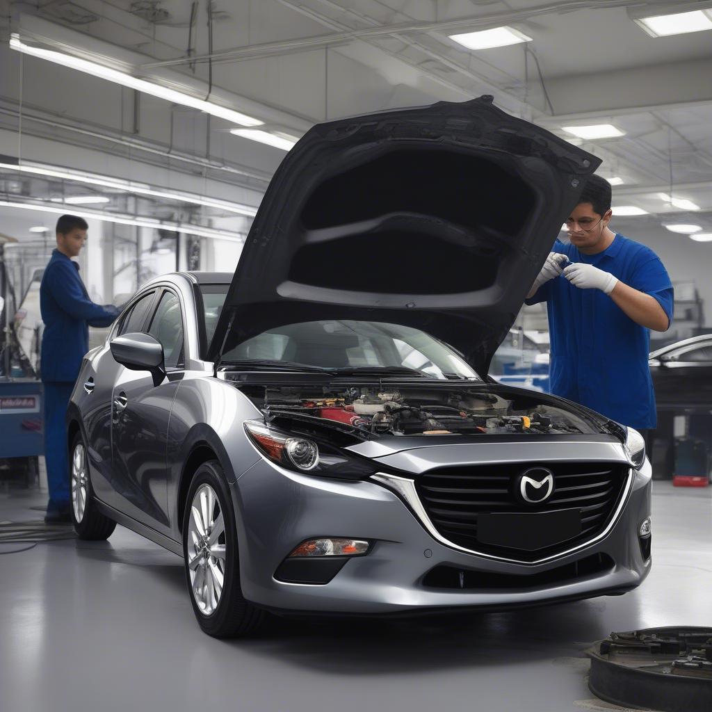 Bảo dưỡng Mazda 3: Xe Mazda 3 đang được bảo dưỡng định kỳ tại xưởng dịch vụ.