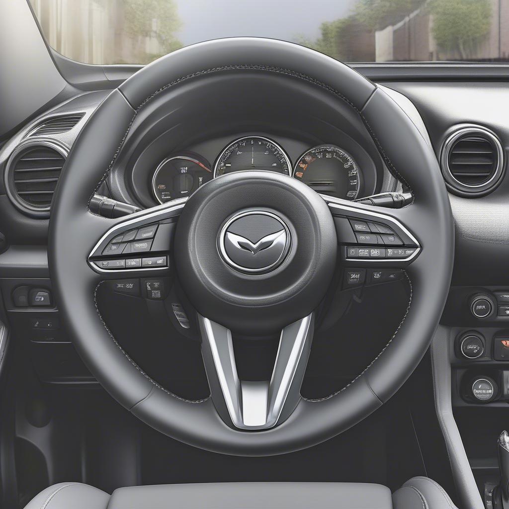 Các nút điều khiển trên vô lăng và bảng điều khiển trung tâm của Mazda CX-5, dùng để tùy chỉnh màn hình đồng hồ.