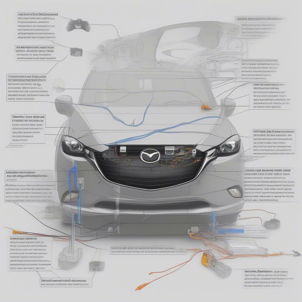 Sơ đồ hệ thống đèn pha Mazda 3 với các thành phần chính được đánh dấu rõ ràng.