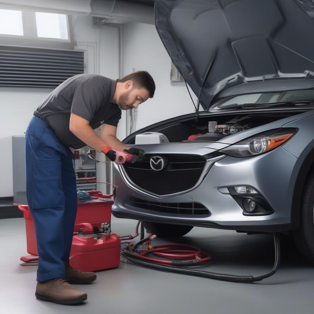 Kiểm tra hệ thống điều hòa Mazda 3 bằng thiết bị chuyên dụng.