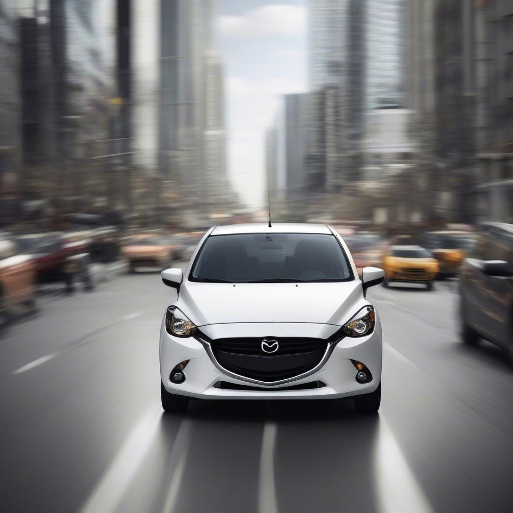 Xe Mazda 2 màu trắng di chuyển trong đô thị