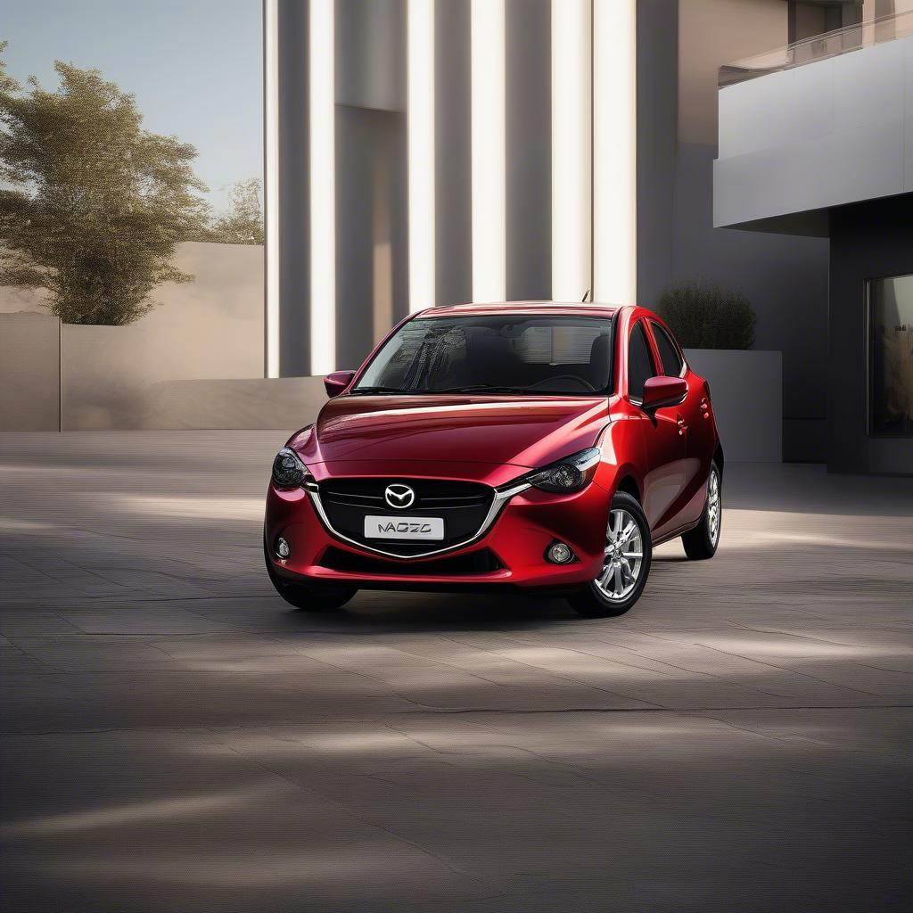 Mazda 2 Premium 45B ngoại thất màu đỏ Soul Red Crystal Metallic lấp lánh dưới ánh nắng.