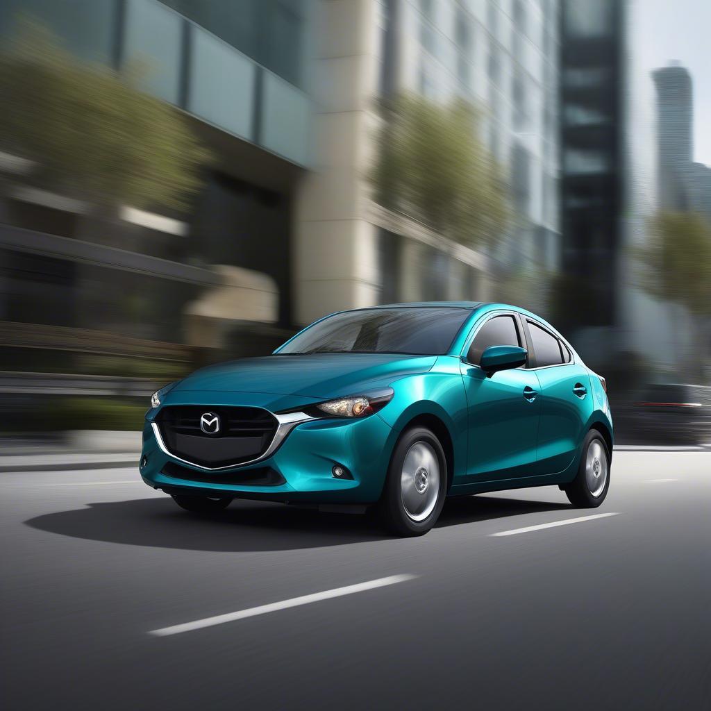 Mazda 2 Sedan màu xanh ngọc 44J vận hành trên đường phố