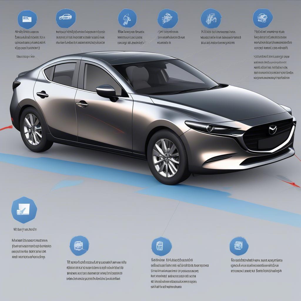 Minh họa các tính năng an toàn nổi bật của Mazda 3 1.5 Sedan 2020 như hệ thống 7 túi khí, hệ thống cân bằng điện tử, hệ thống chống bó cứng phanh...