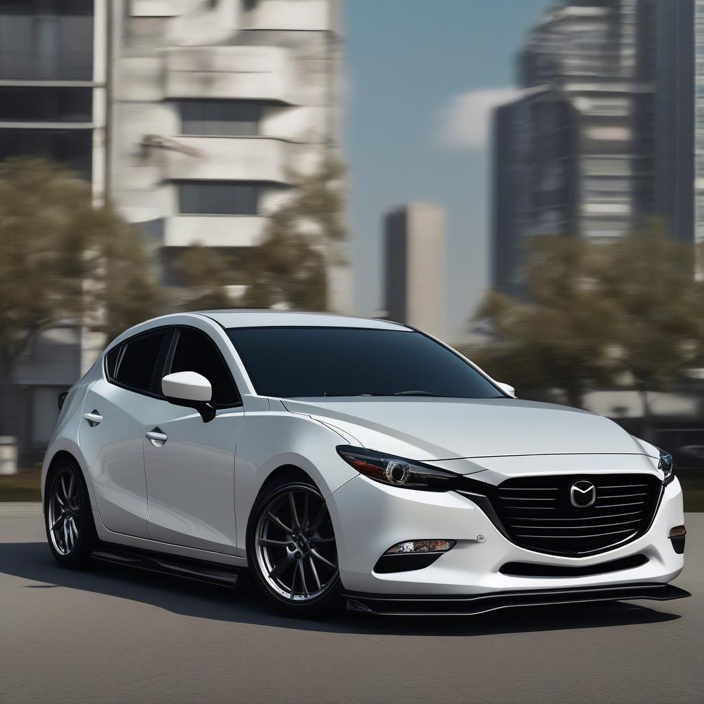 Mazda 3 2017 Body Kit Độ: Hình ảnh chi tiết về một chiếc Mazda 3 2017 được trang bị body kit, thể hiện rõ các chi tiết như cản trước, cản sau, ốp sườn và cánh gió.