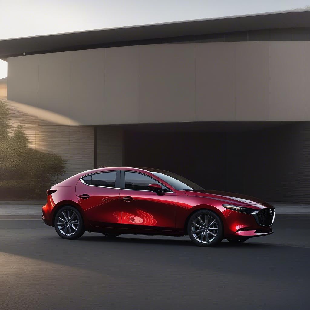 Hình ảnh ngoại thất Mazda 3 2019, màu đỏ, nhìn từ góc nghiêng, nổi bật thiết kế thể thao