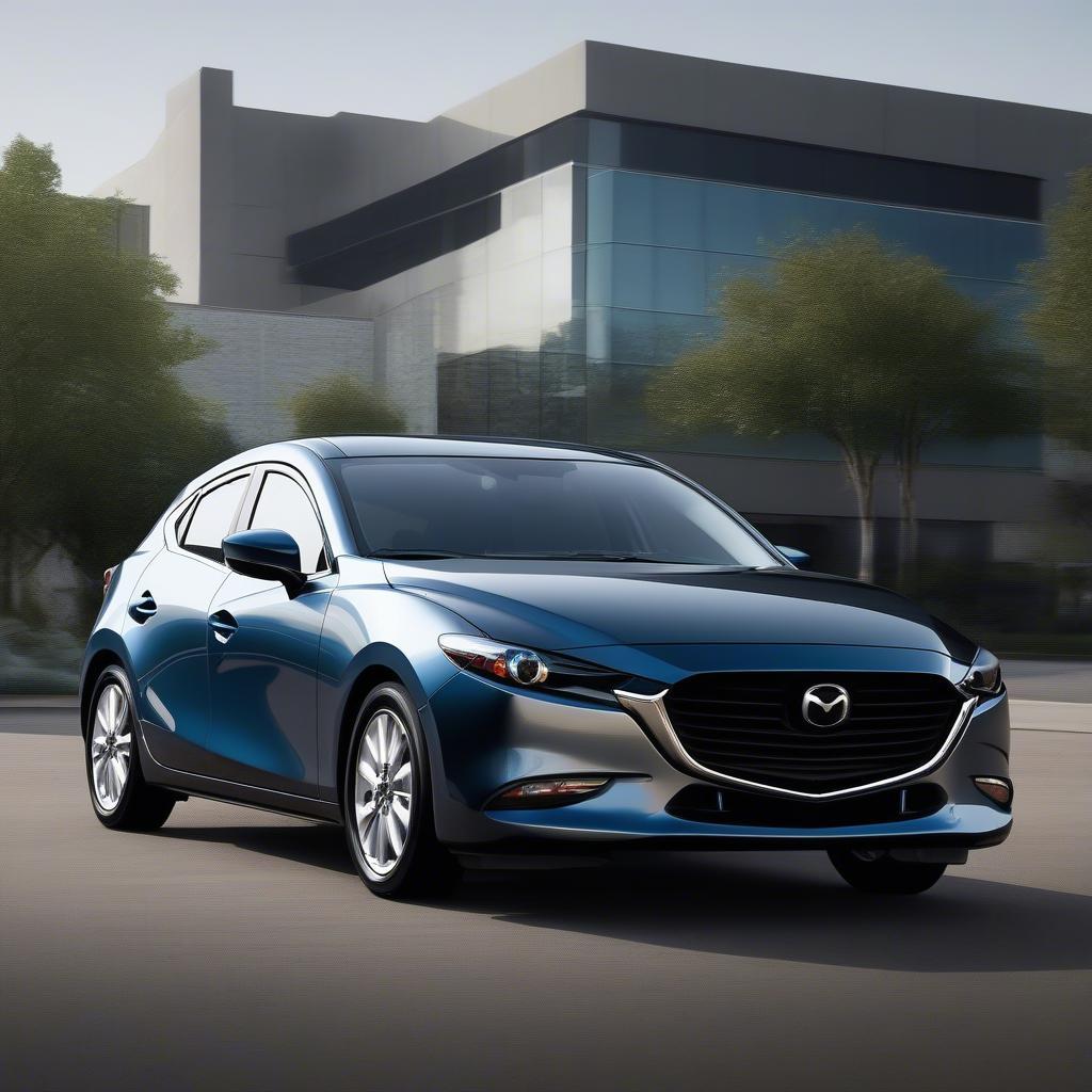 Mazda 3 hatchback cũ màu xám xanh: Hình ảnh tổng quan về ngoại thất xe.