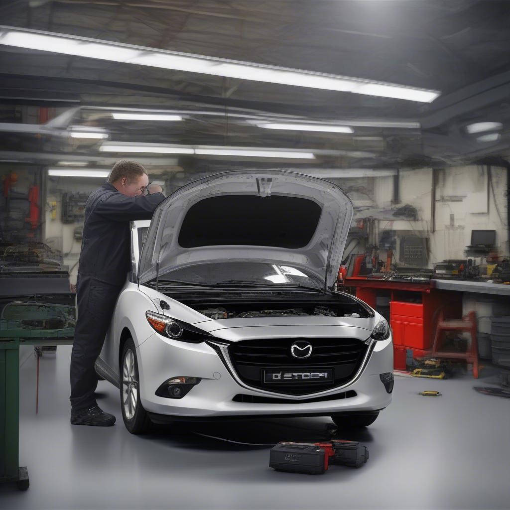 Kỹ thuật viên đang kiểm tra hệ thống i-Stop trên Mazda 3