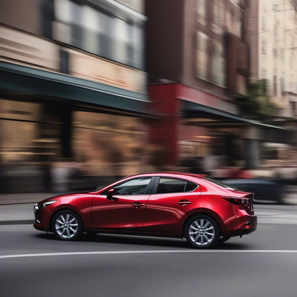 Mazda 3 màu đỏ mận nổi bật trên phố