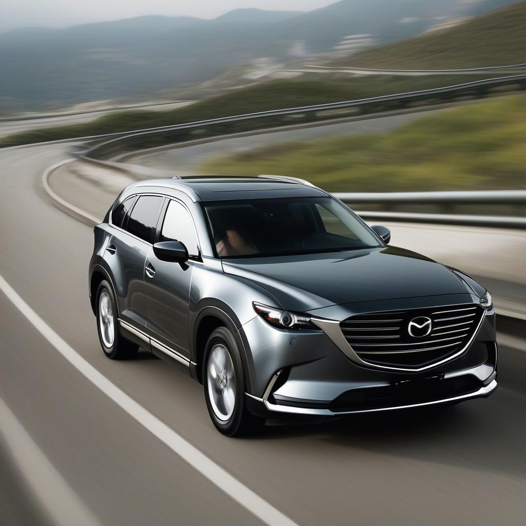 Mazda CX9 vận hành an toàn trên đường cao tốc nhờ hệ thống phanh hoạt động hiệu quả. Hình ảnh thể hiện sự ổn định và an toàn của xe khi di chuyển ở tốc độ cao.