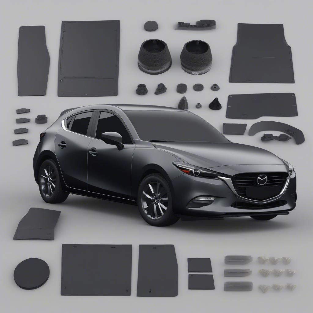 Các phụ kiện giảm ồn cho Mazda 3 bao gồm gioăng cao su, tấm chắn bùn, và ốp gầm xe