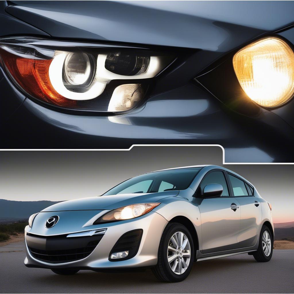 Hình ảnh minh họa các sự cố thường gặp ở đèn pha Mazda 3 như đèn không sáng, đèn nhấp nháy, đèn mờ.