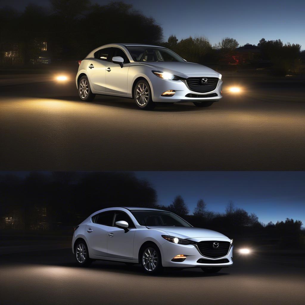 Hình ảnh so sánh độ sáng giữa đèn halogen và đèn led trên Mazda 3