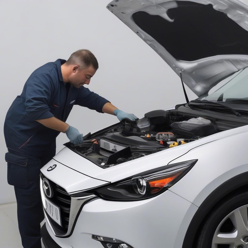 Kỹ thuật viên đang thay thế đèn pha cho Mazda 3 2017, đảm bảo quy trình chuyên nghiệp và an toàn.