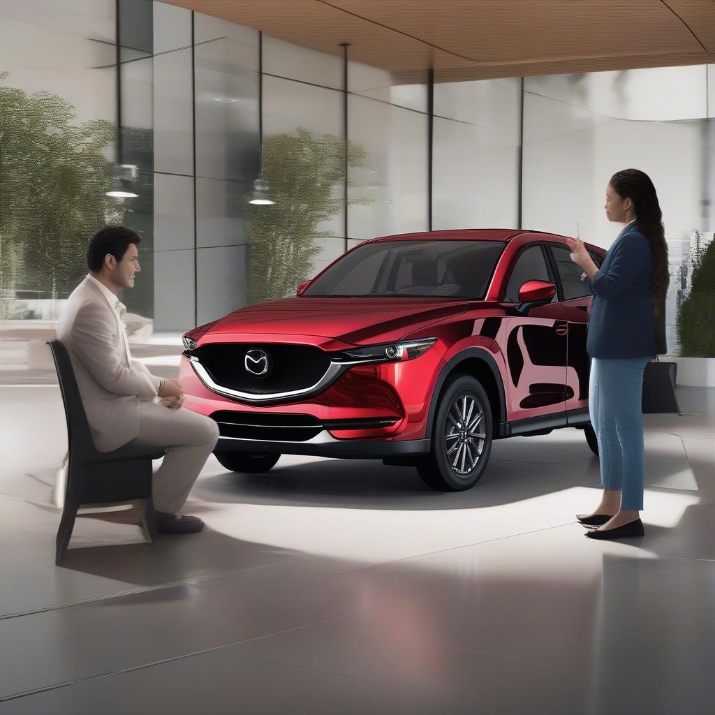 Chuyên viên tư vấn đang giới thiệu về các tính năng của Mazda CX-5 cho khách hàng.