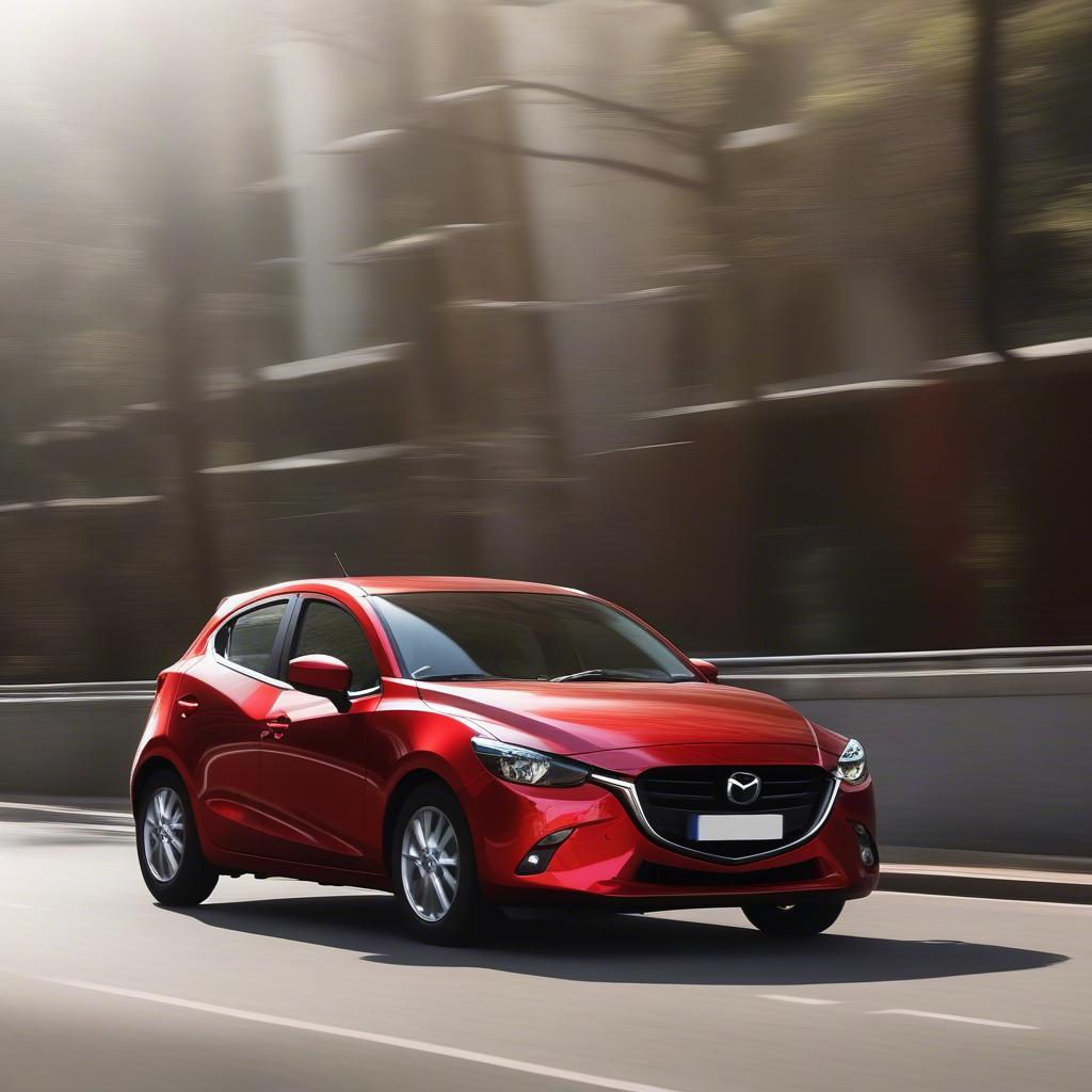 Xe Mazda 2 màu đỏ không lỗi, lăn bánh trên đường.